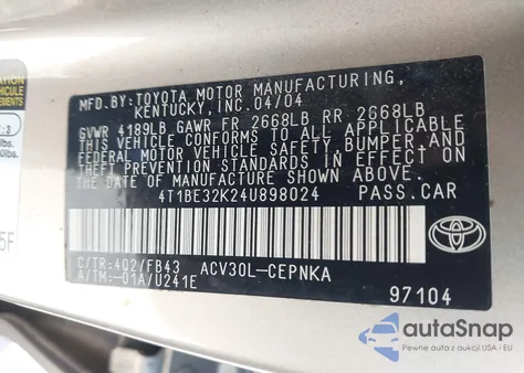 2004 Toyota Camry Le z USA, uszkodzony, nr VIN 4T1BE32K24U898024